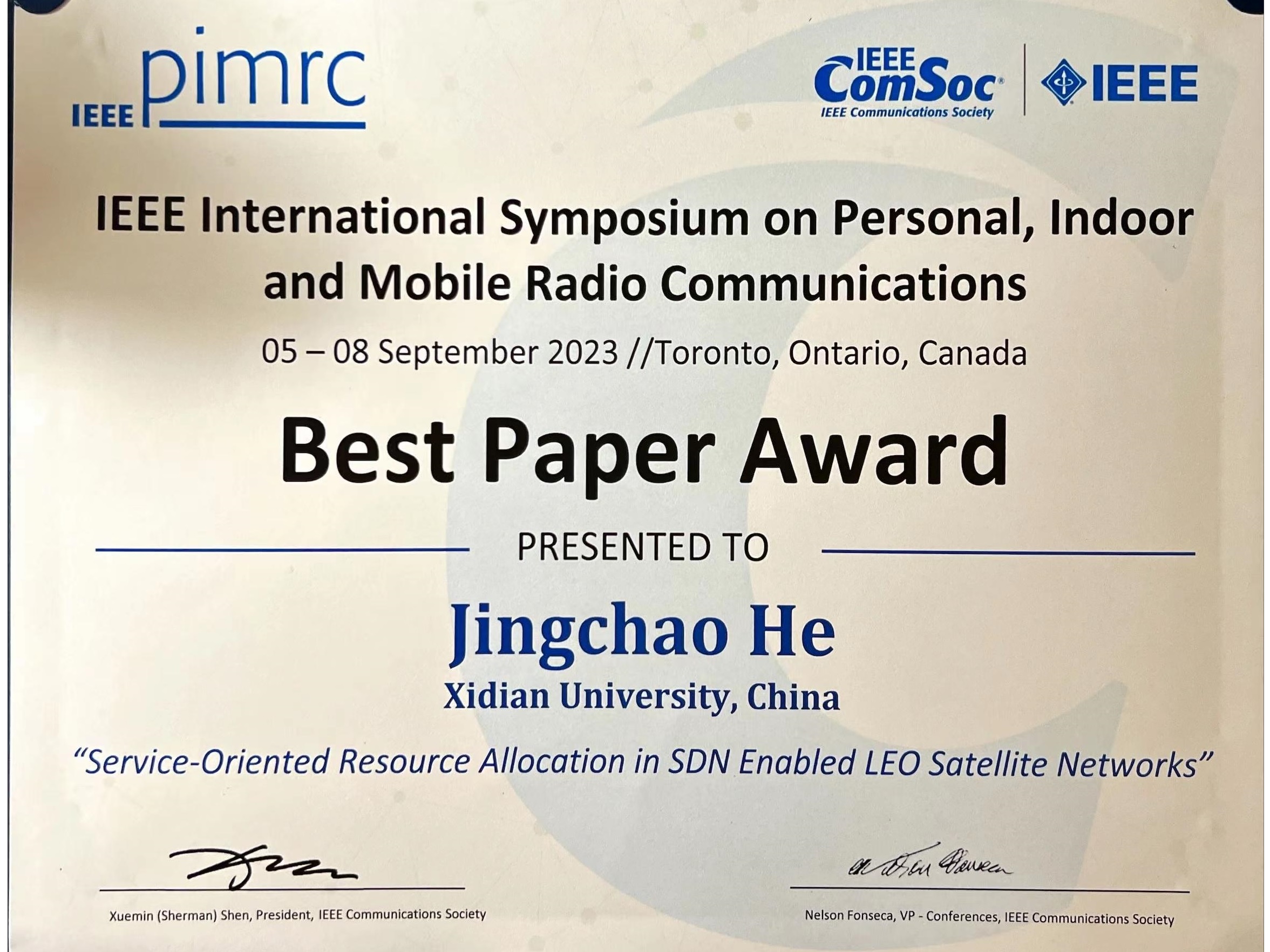 祝贺贺靖超同学论文荣获IEEE PIMRC 2023 最佳论文奖